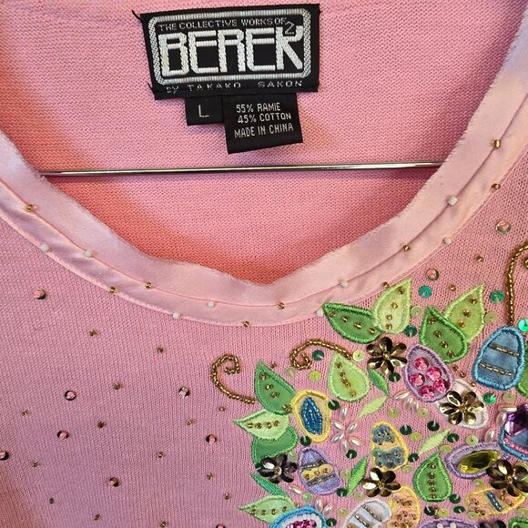 Vintage Berek 2 Takako Sakon Pink Embroidered/beaded Sweater, Size Large, Bunny - Picture 3 of 7